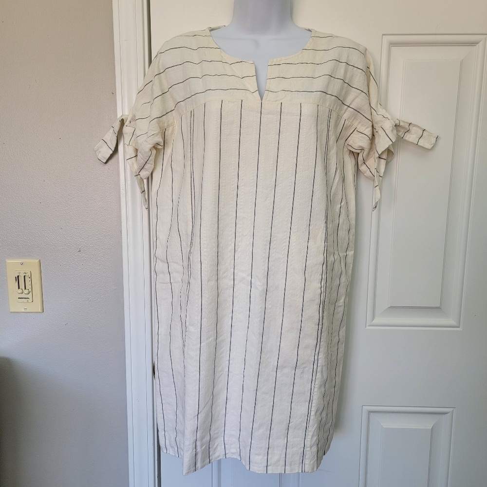 Madewell Linen Blend Striped Short Tie Sleeve Shift Dress Ivory Black Size XS